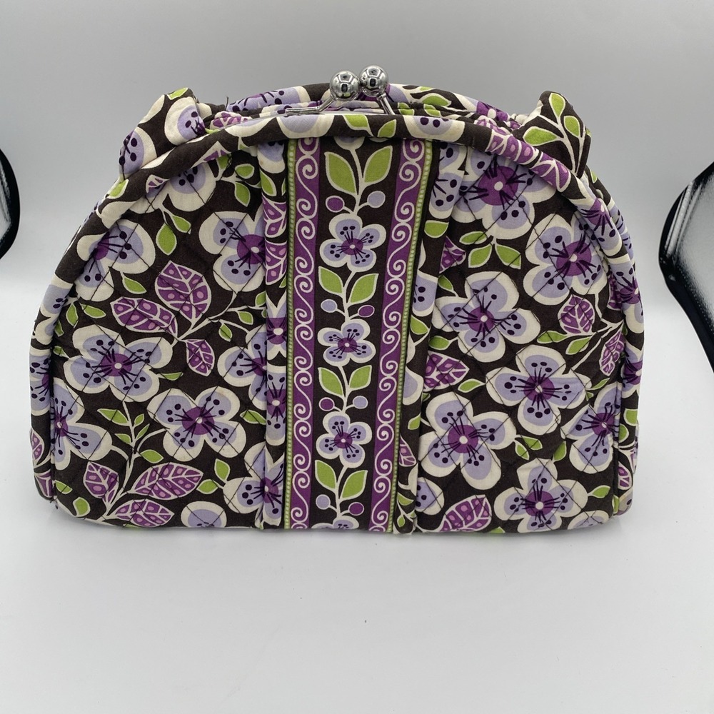 Vera Bradley Eloise Frame Satchel Bag in "Plum Petals" Pattern Brown Purple